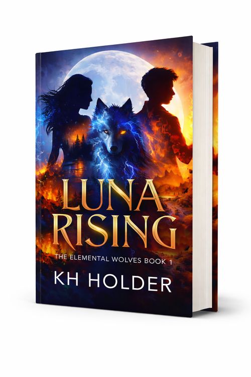 Book cover of 'Luna Rising' by KH Holder featuring silhouettes of a person and a wolf against a moonlit sky.