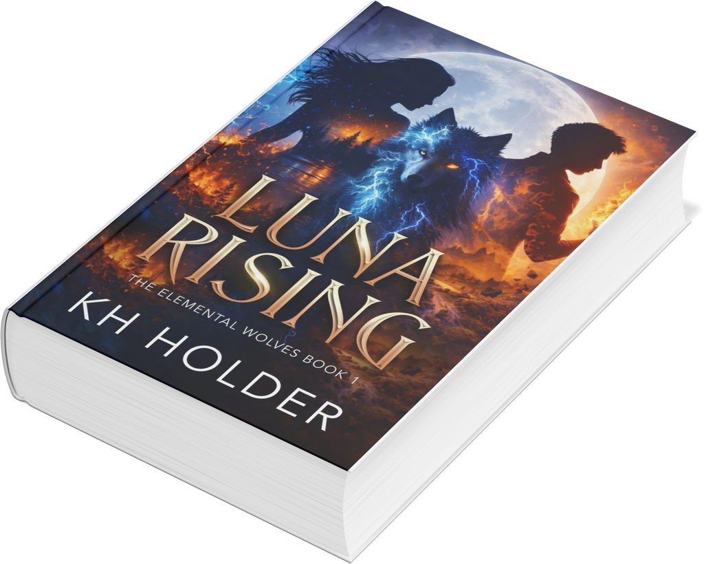 Book cover of 'Luna Rising' by KH Holder with wolf silhouettes against a moonlit sky.