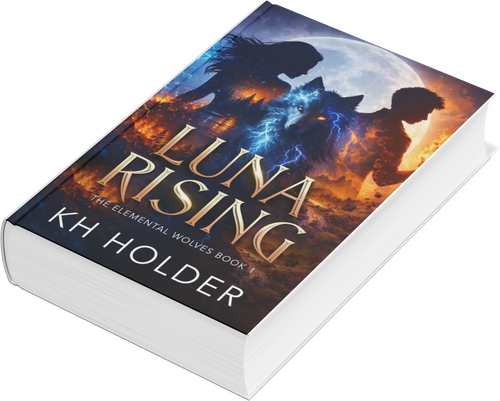 Book cover of 'Luna Rising' by KH Holder with wolf silhouettes against a moonlit sky.