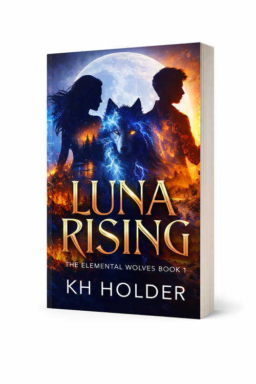 Book cover of 'Luna Rising' by KH Holder featuring silhouettes of a man and woman with a wolf and moon.