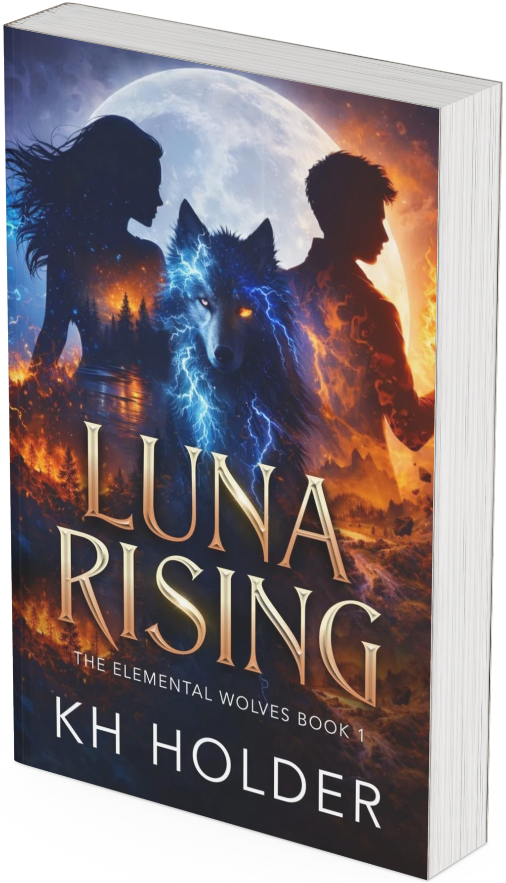 Book cover of 'Luna Rising' by KH Holder with silhouettes of a man and woman and a wolf against a moonlit sky.