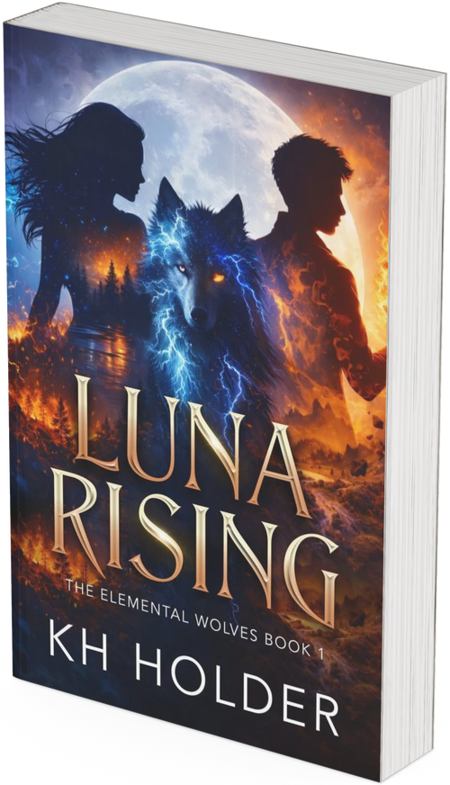 Book cover of 'Luna Rising' by KH Holder with silhouettes of a man and woman and a wolf against a moonlit sky.
