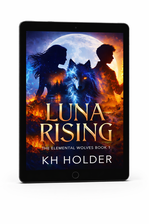 E-book cover of 'Luna Rising' by KH Holder on a tablet screen.